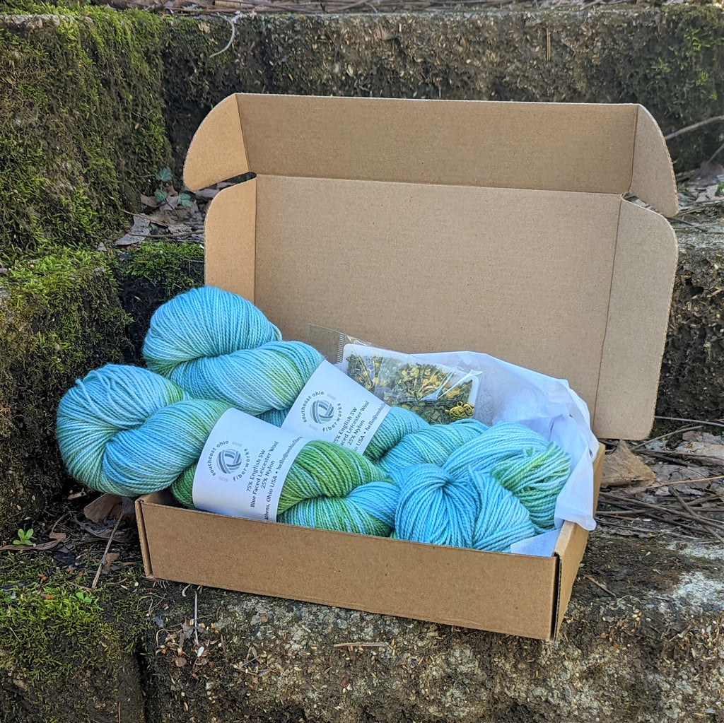 two skeins of Southeast Ohio Fiberworks' hand-dyed blue/green sock yarn lie in an open cardboard box that sits on a moss covered stone.